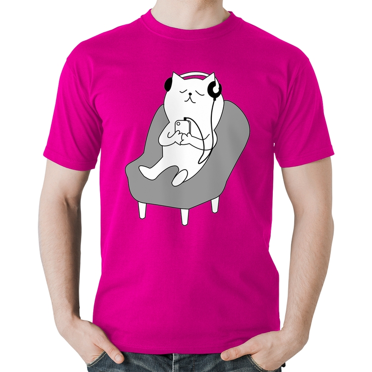 Camiseta Algodão Gatinho Ouvindo Música - Rosa