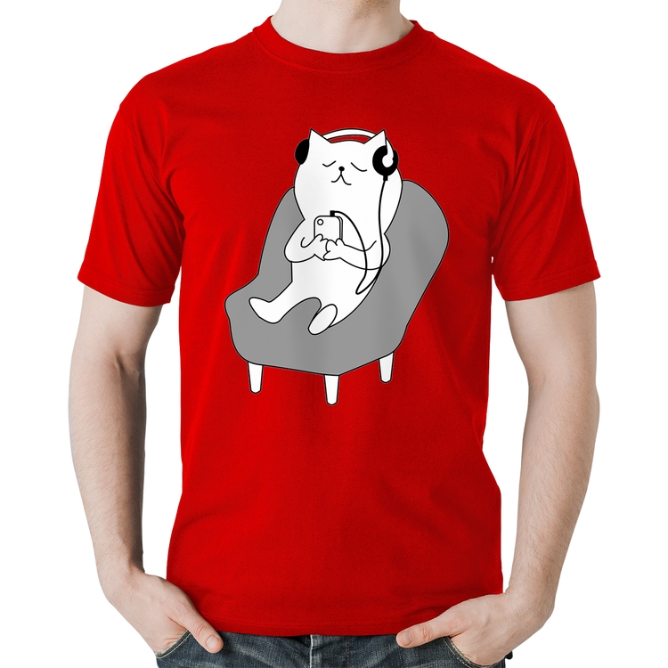 Camiseta Algodão Gatinho Ouvindo Música - Vermelha
