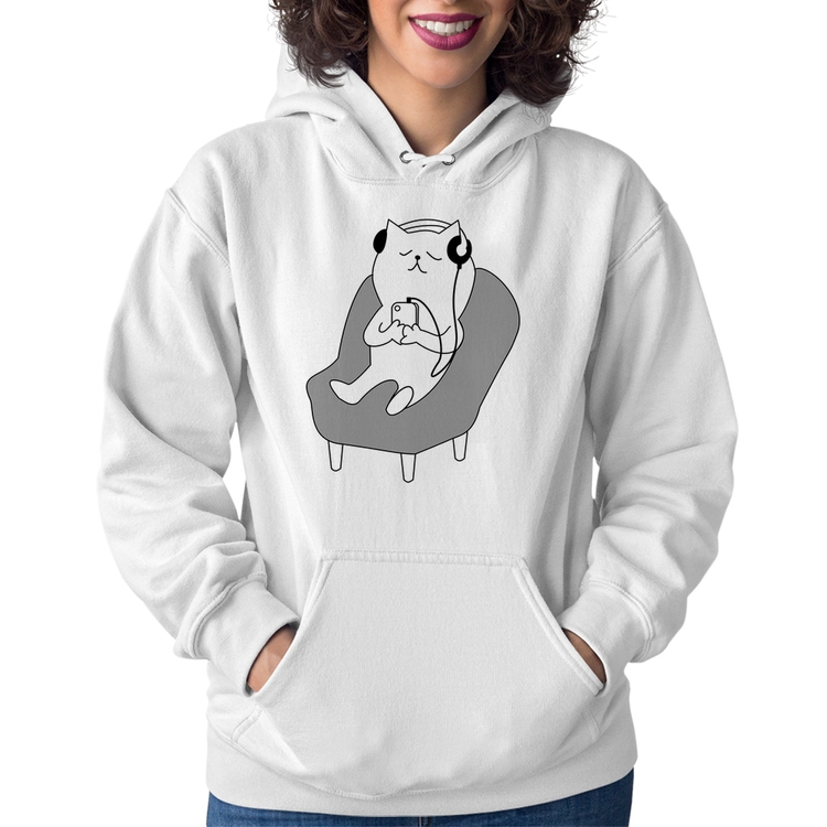 Moletom Feminino Gatinho Ouvindo Música - Branco