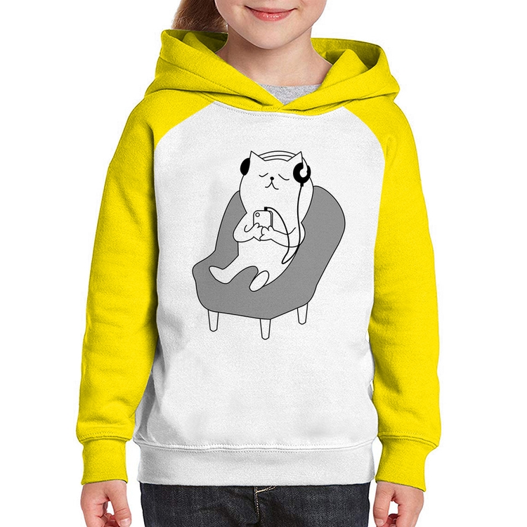 Moletom Infantil Gatinho Ouvindo Música - Branco/Amarelo