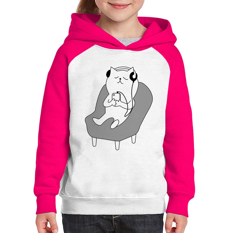 Moletom Infantil Gatinho Ouvindo Música - Branco/Rosa