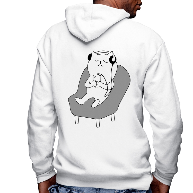 Blusa Moletom Gatinho Ouvindo Música Masculina com Capuz e Zíper - Branca