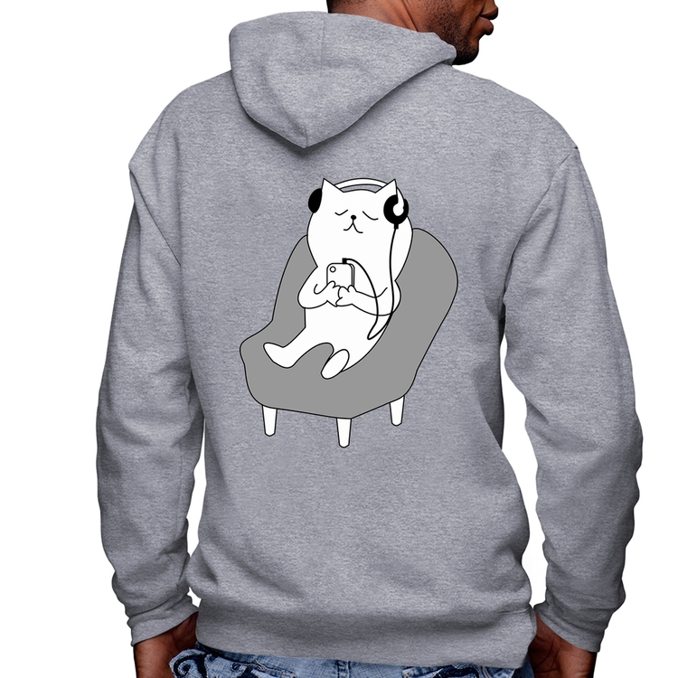 Blusa Moletom Gatinho Ouvindo Música Masculina com Capuz e Zíper - Mescla