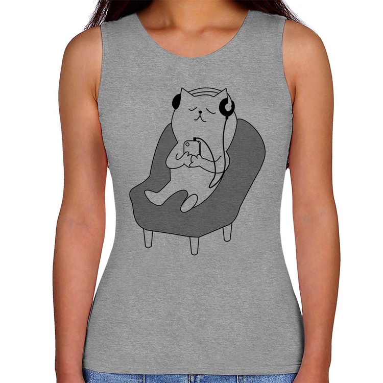 Regata Feminina Gatinho Ouvindo Música - Cinza