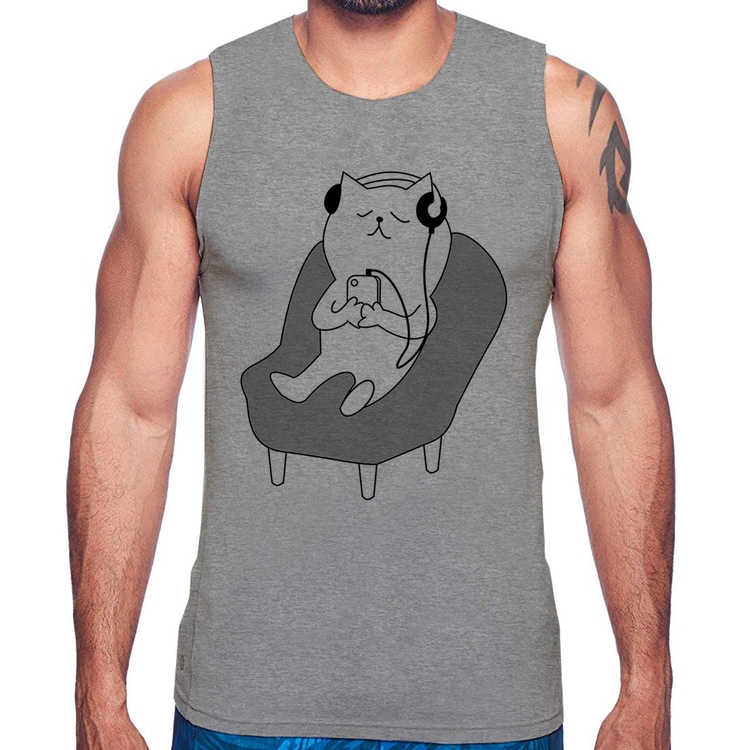 Regata Gatinho Ouvindo Música - Cinza