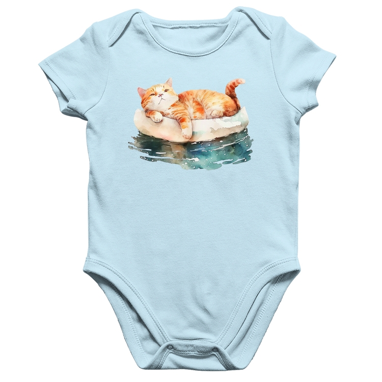 Body Bebê Algodão Gatinho Relaxando na Bóia - Azul Bebê