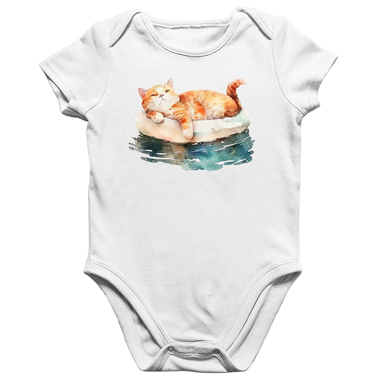 Body Bebê Algodão Gatinho Relaxando na Bóia - Branco