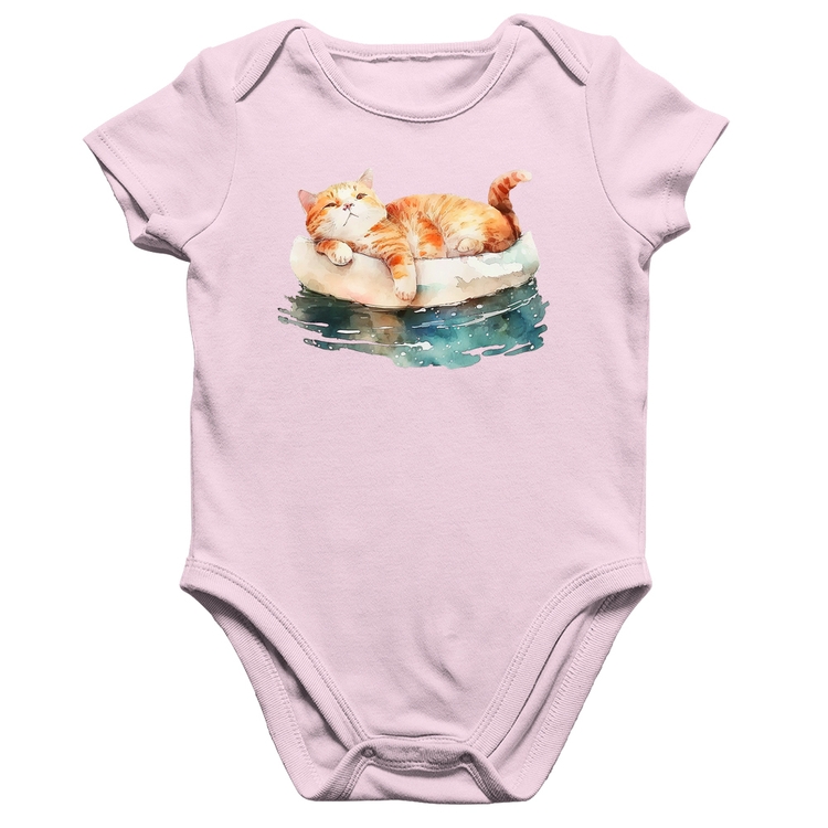 Body Bebê Algodão Gatinho Relaxando na Bóia - Rosa Bebê