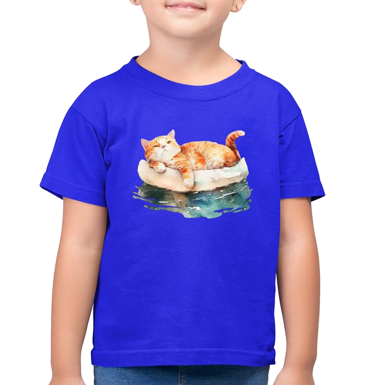 Camiseta Algodão Infantil Gatinho Relaxando na Bóia - Azul Royal