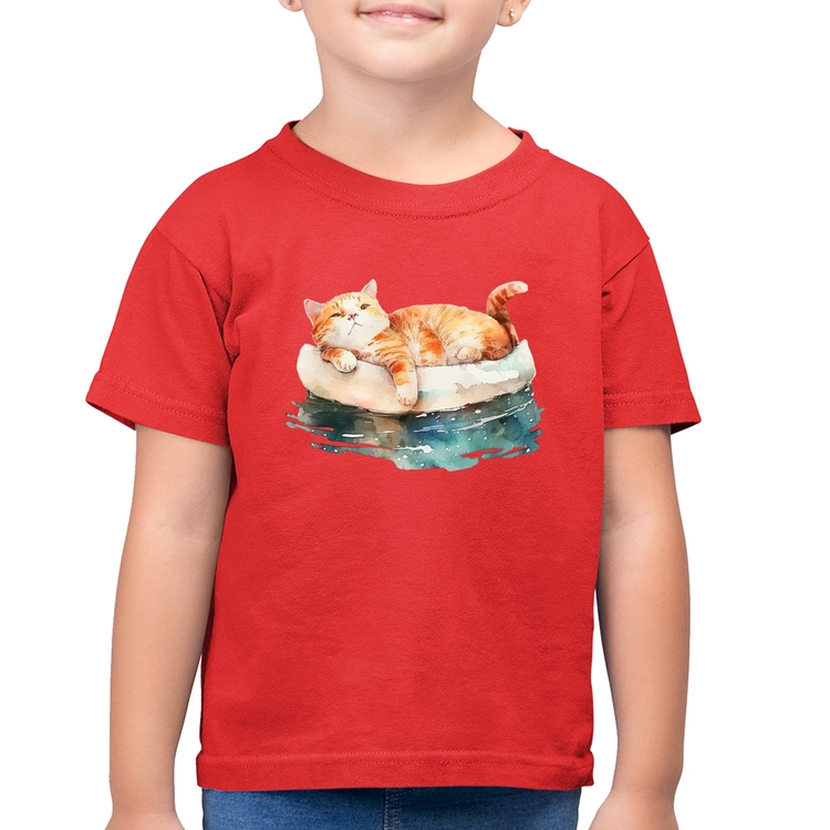 Camiseta Algodão Infantil Gatinho Relaxando na Bóia - Vermelha