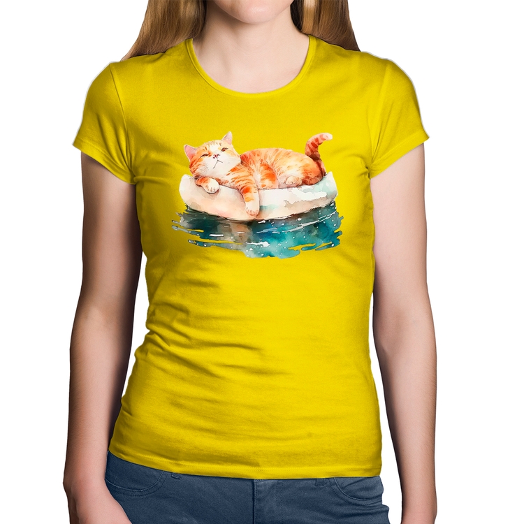 Baby Look Algodão Gatinho Relaxando na Bóia - Amarela