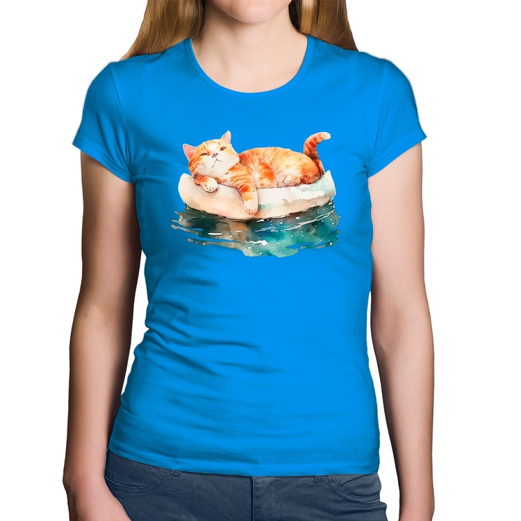 Baby Look Algodão Gatinho Relaxando na Bóia - Azul