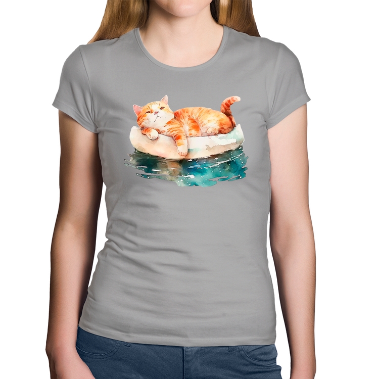 Baby Look Algodão Gatinho Relaxando na Bóia - Cinza