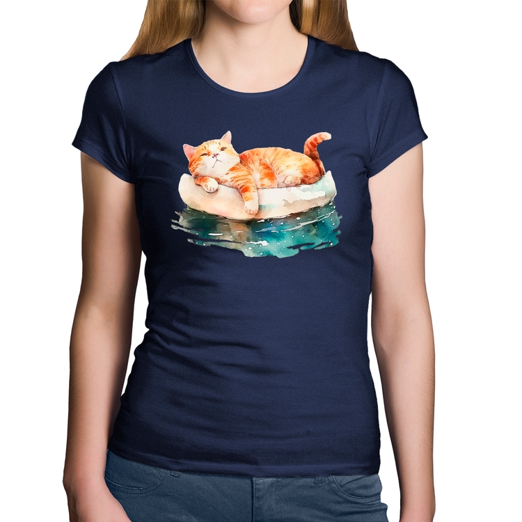 Baby Look Algodão Gatinho Relaxando na Bóia - Marinho