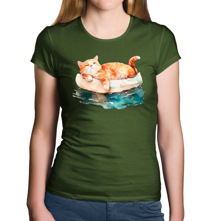 Baby Look Algodão Gatinho Relaxando na Bóia - Musgo