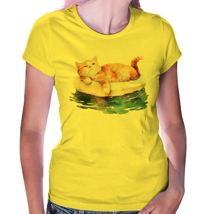 Baby Look Gatinho Relaxando na Bóia - Amarela