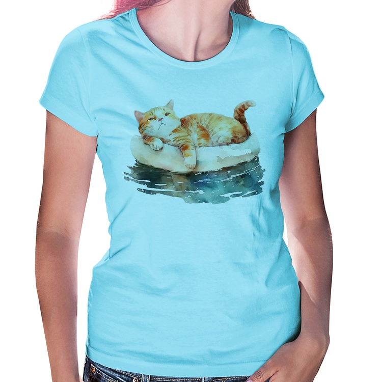 Baby Look Gatinho Relaxando na Bóia - Azul Bebê