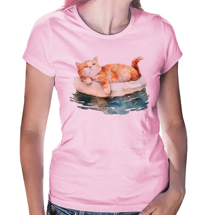 Baby Look Gatinho Relaxando na Bóia - Rosa Bebê