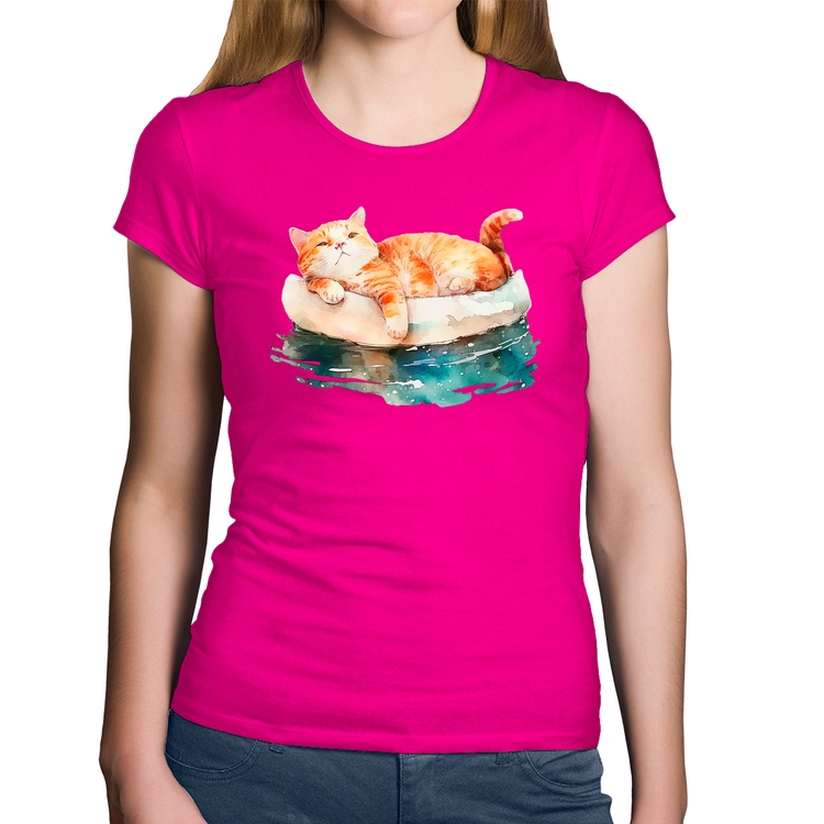 Baby Look Algodão Gatinho Relaxando na Bóia - Rosa