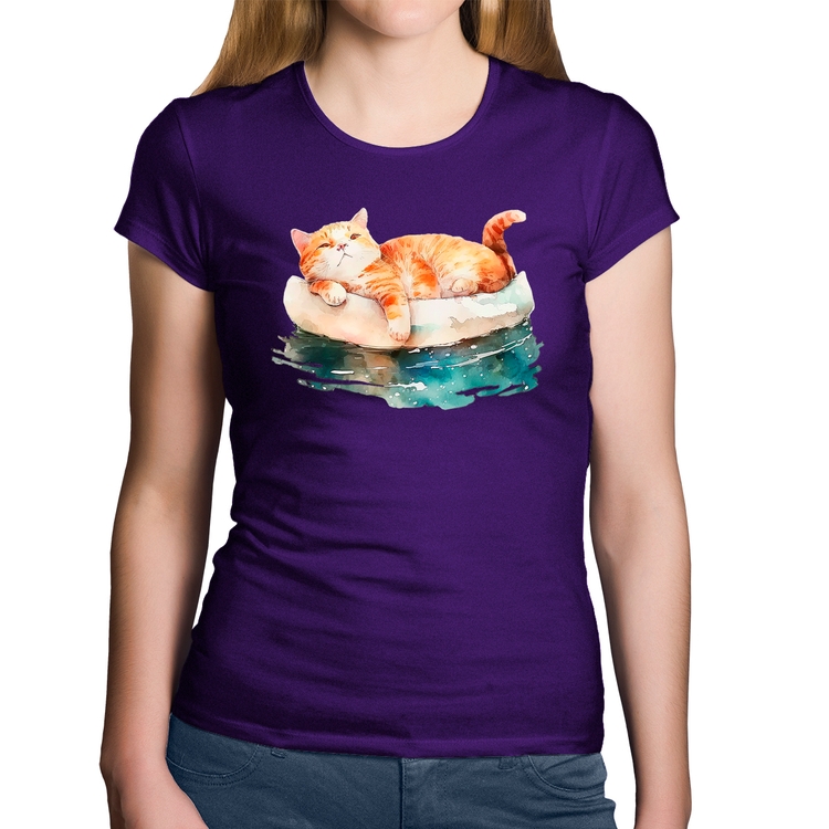 Baby Look Algodão Gatinho Relaxando na Bóia - Roxa