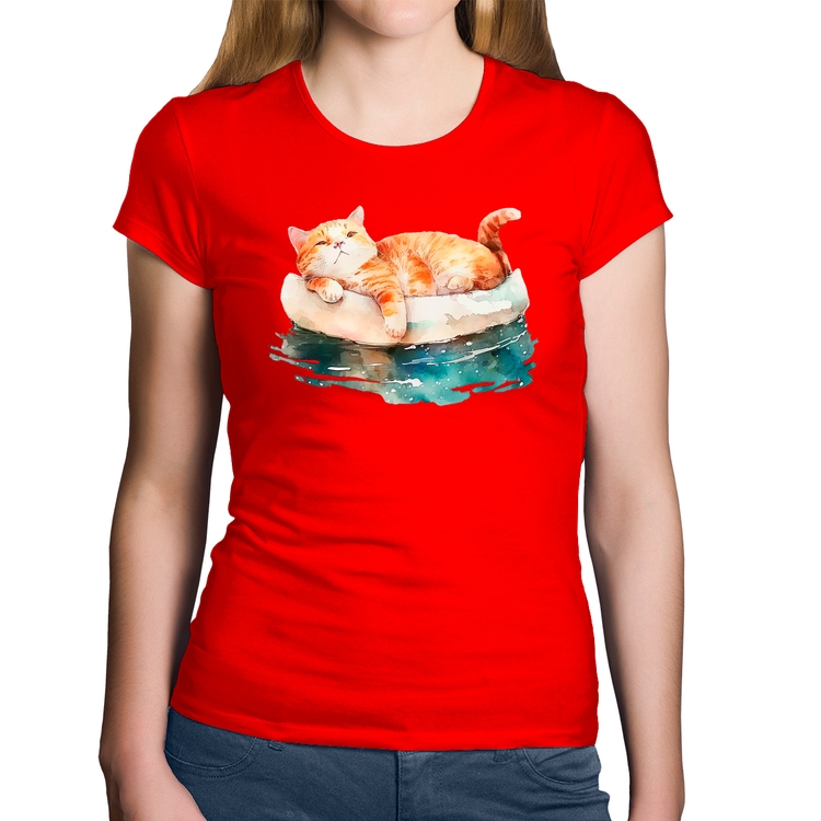 Baby Look Algodão Gatinho Relaxando na Bóia - Vermelha