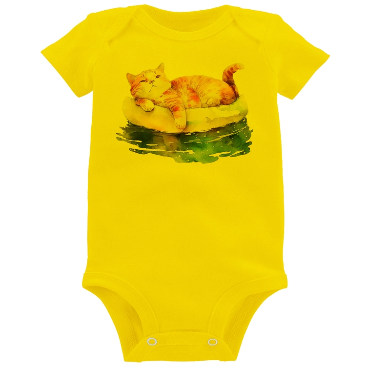 Body Bebê Gatinho Relaxando na Bóia - Amarelo