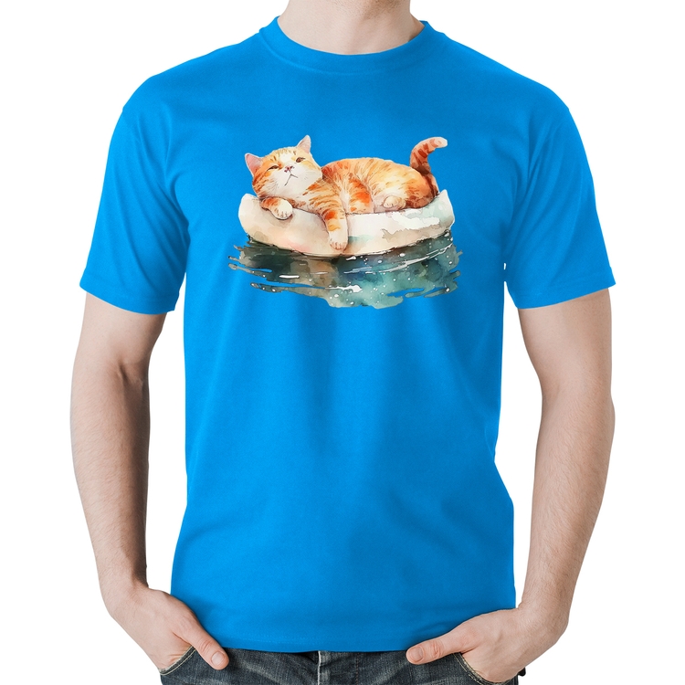 Camiseta Algodão Gatinho Relaxando na Bóia - Azul