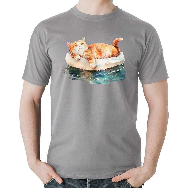 Camiseta Algodão Gatinho Relaxando na Bóia - Cinza