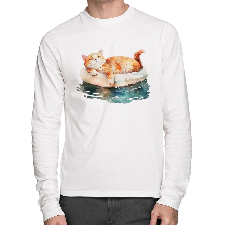 Camiseta Algodão Gatinho Relaxando na Bóia Manga Longa - Branca