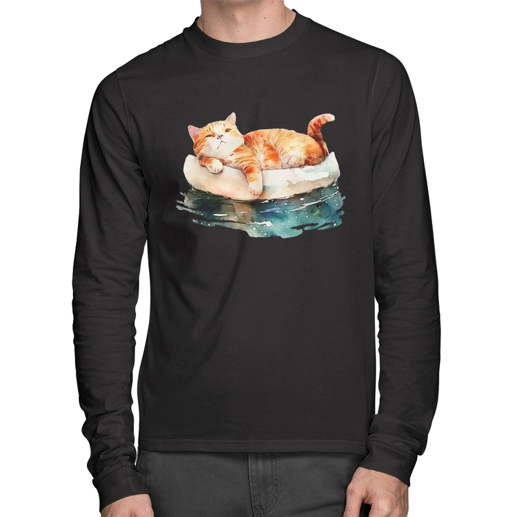 Camiseta Algodão Gatinho Relaxando na Bóia Manga Longa