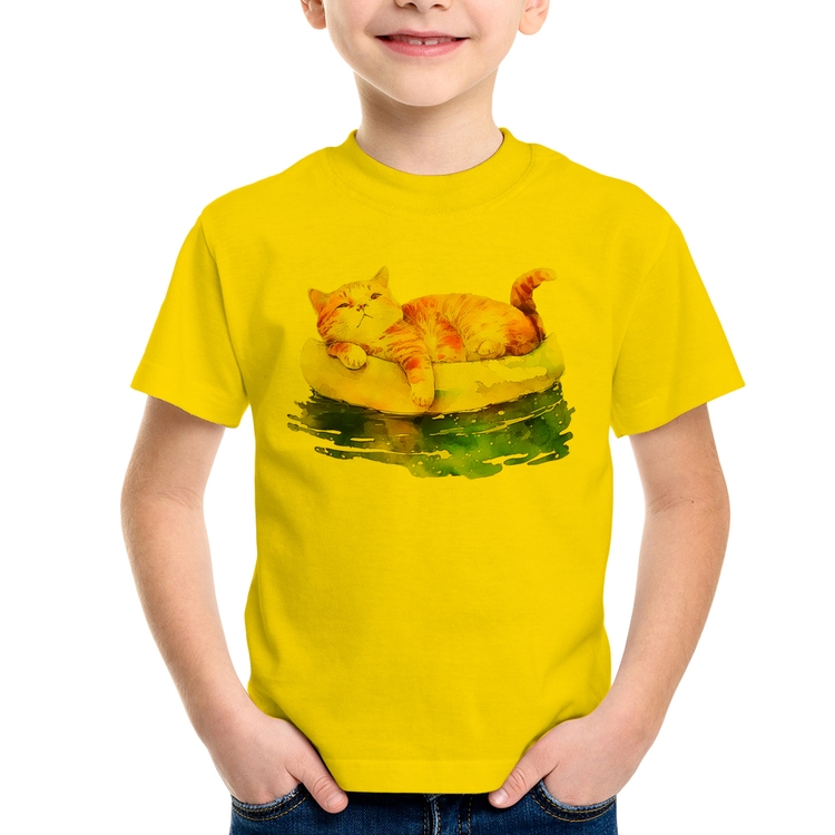 Camiseta Infantil Gatinho Relaxando na Bóia - Amarela