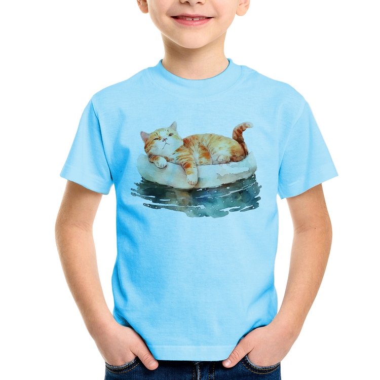 Camiseta Infantil Gatinho Relaxando na Bóia - Azul Bebê