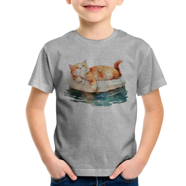 Camiseta Infantil Gatinho Relaxando na Bóia - Cinza