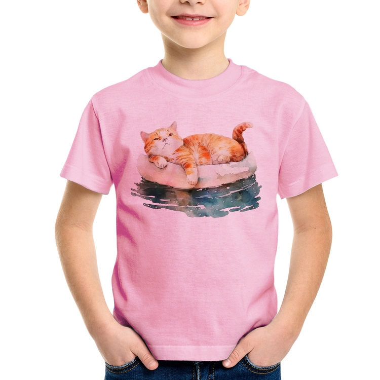 Camiseta Infantil Gatinho Relaxando na Bóia - Rosa Bebê