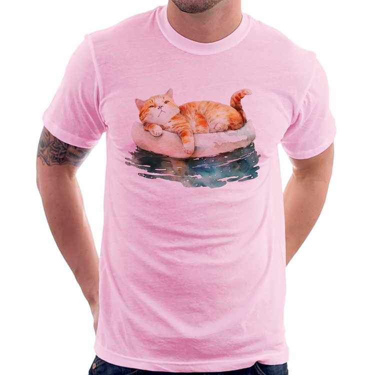 Camiseta Gatinho Relaxando na Bóia - Rosa Bebê