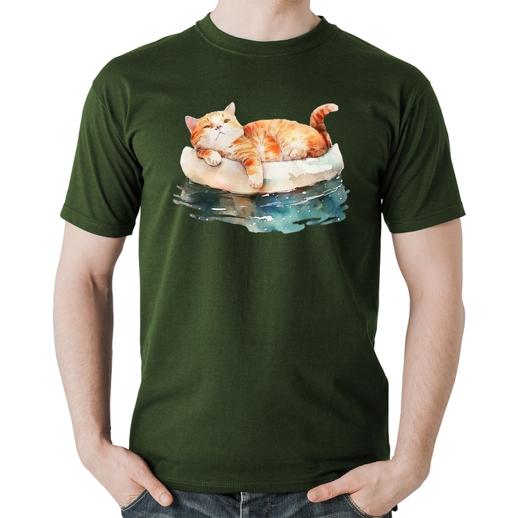 Camiseta Algodão Gatinho Relaxando na Bóia - Musgo