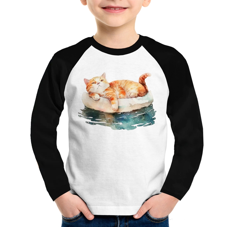 Camiseta Raglan Infantil Gatinho Relaxando na Bóia Manga Longa