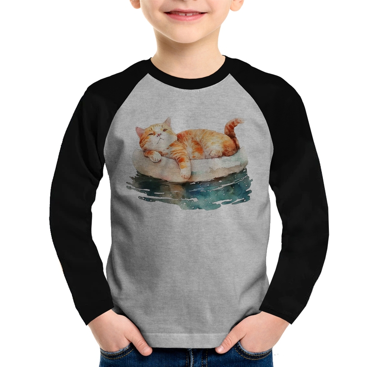Camiseta Raglan Infantil Gatinho Relaxando na Bóia Manga Longa - Cinza/Preto
