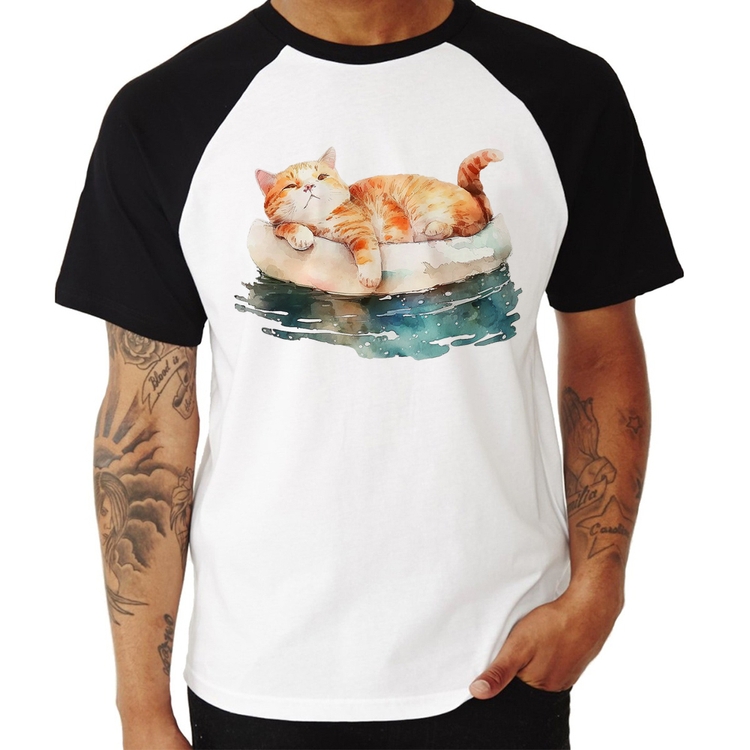 Camiseta Raglan Gatinho Relaxando na Bóia