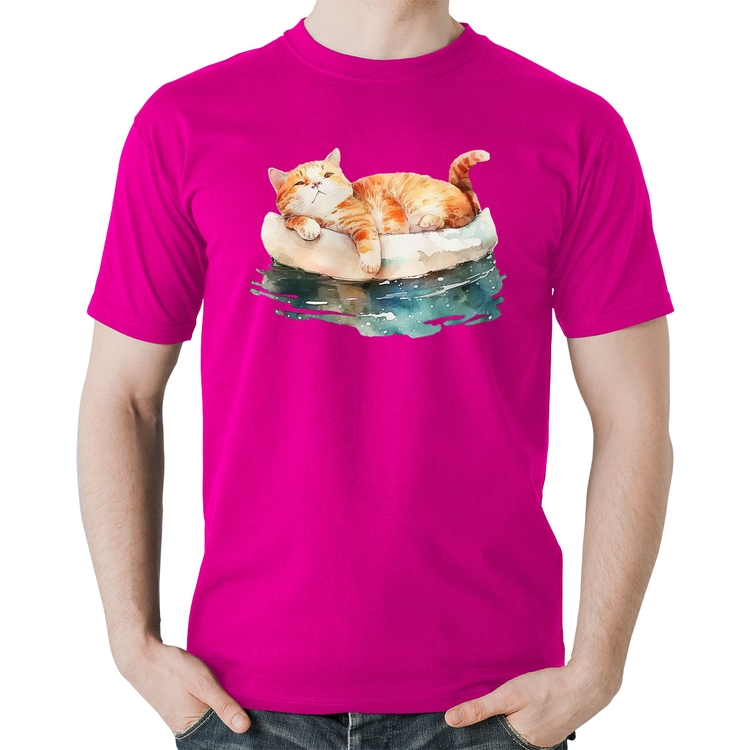 Camiseta Algodão Gatinho Relaxando na Bóia - Rosa