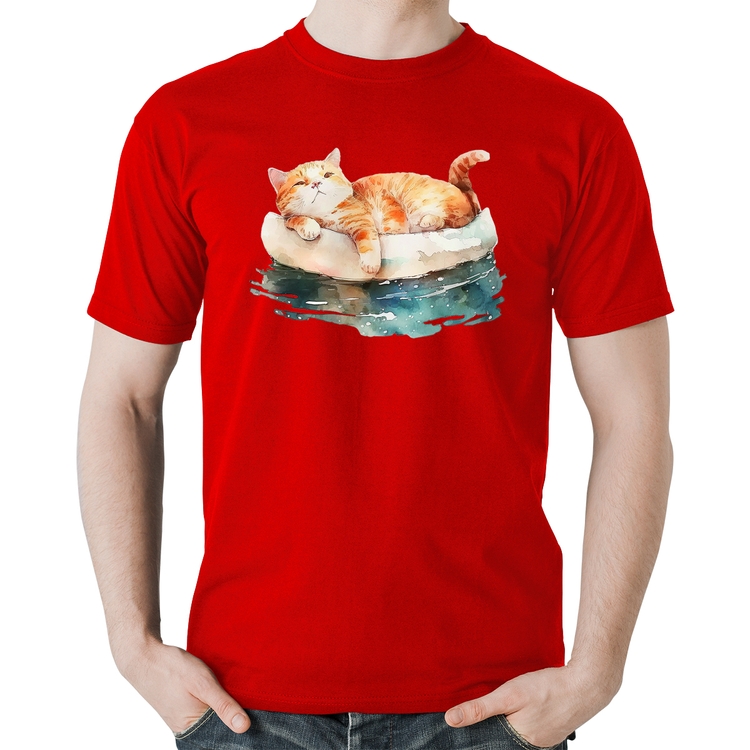 Camiseta Algodão Gatinho Relaxando na Bóia - Vermelha