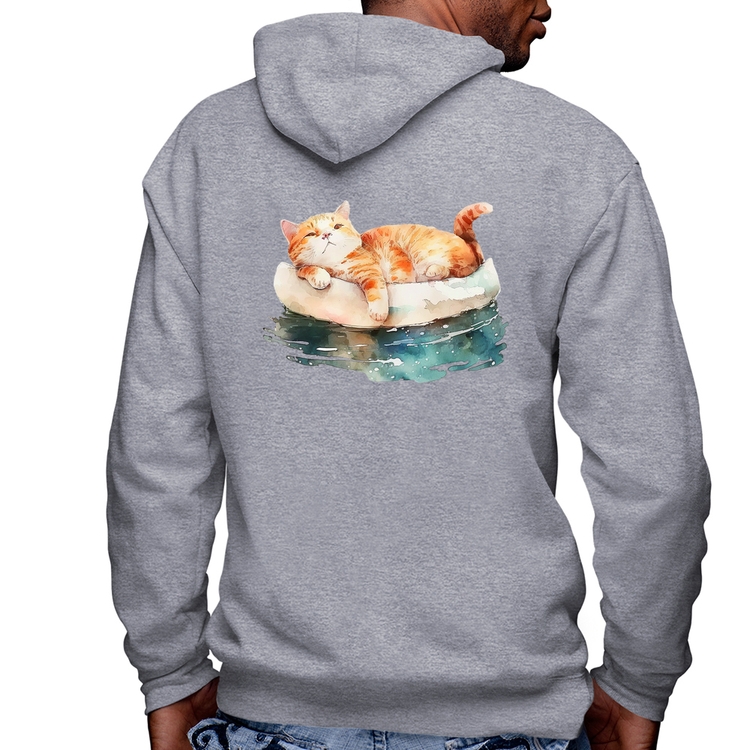 Blusa Moletom Gatinho Relaxando na Bóia Masculina com Capuz e Zíper - Mescla