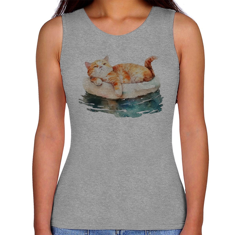 Regata Feminina Gatinho Relaxando na Bóia - Cinza