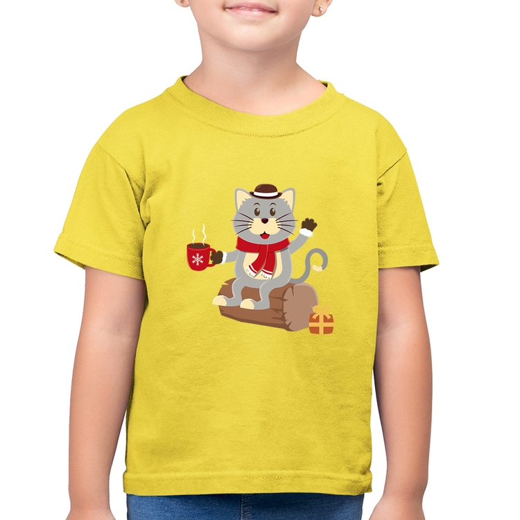 Camiseta Algodão Infantil Gatinho Simpático - Amarelo Canário