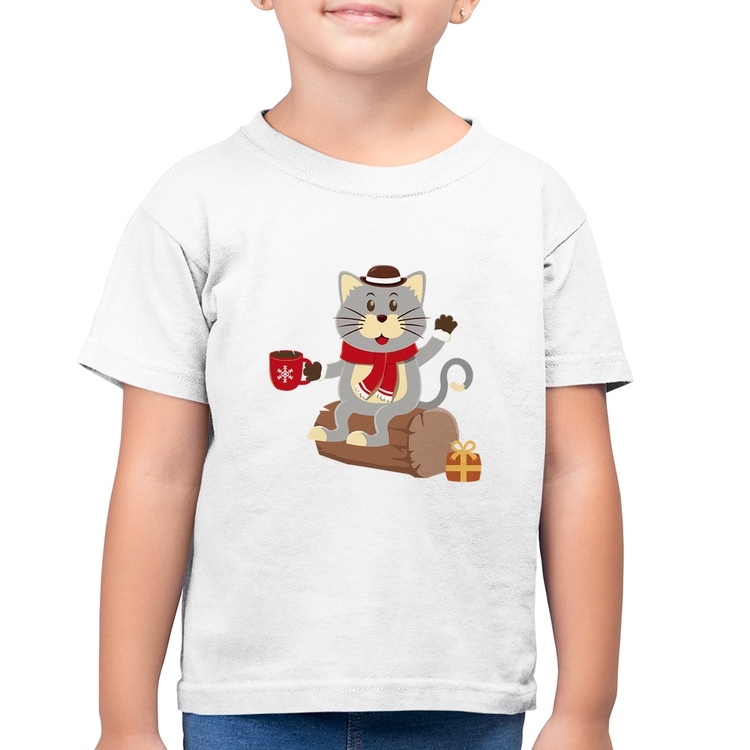 Camiseta Algodão Infantil Gatinho Simpático - Branca