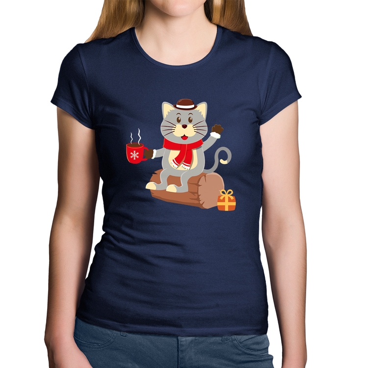 Baby Look Algodão Gatinho Simpático - Marinho