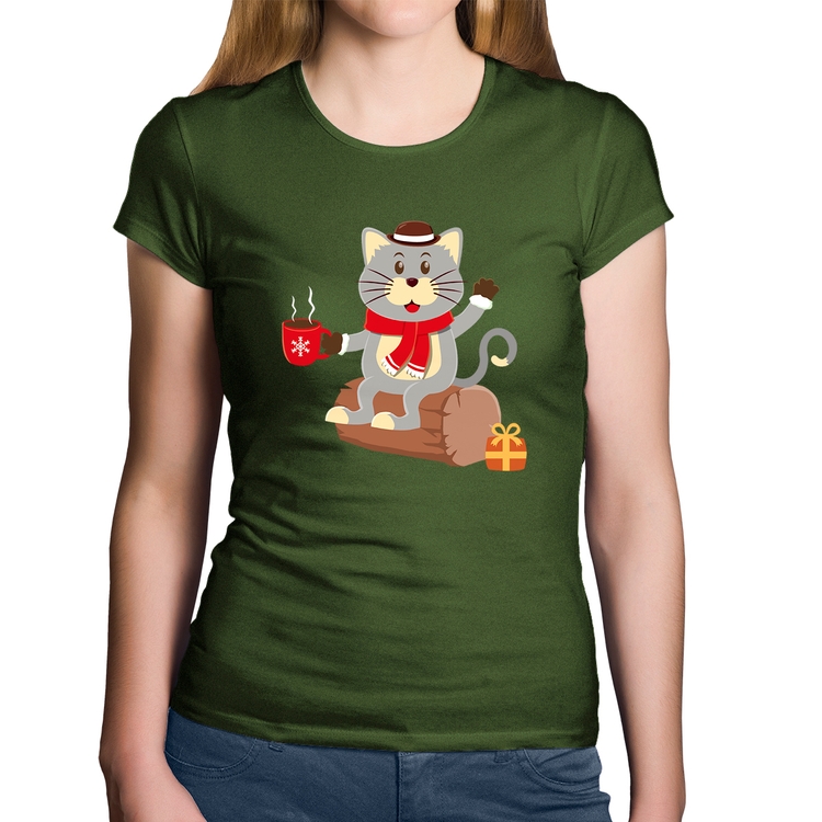 Baby Look Algodão Gatinho Simpático - Musgo