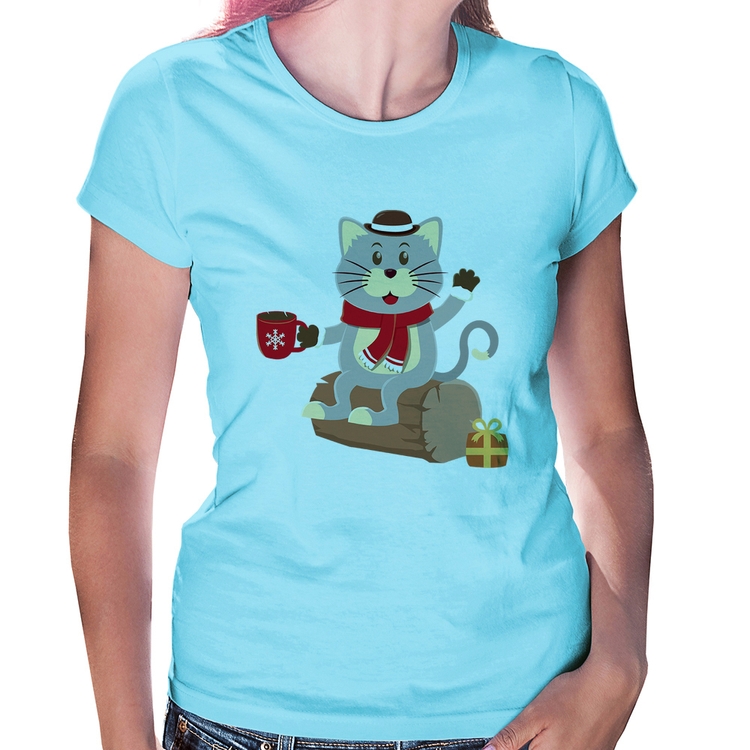 Baby Look Gatinho Simpático - Azul Bebê