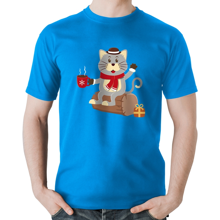 Camiseta Algodão Gatinho Simpático - Azul
