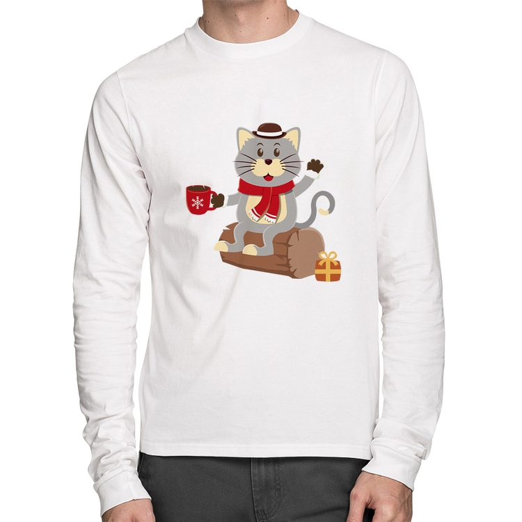 Camiseta Algodão Gatinho Simpático Manga Longa - Branca